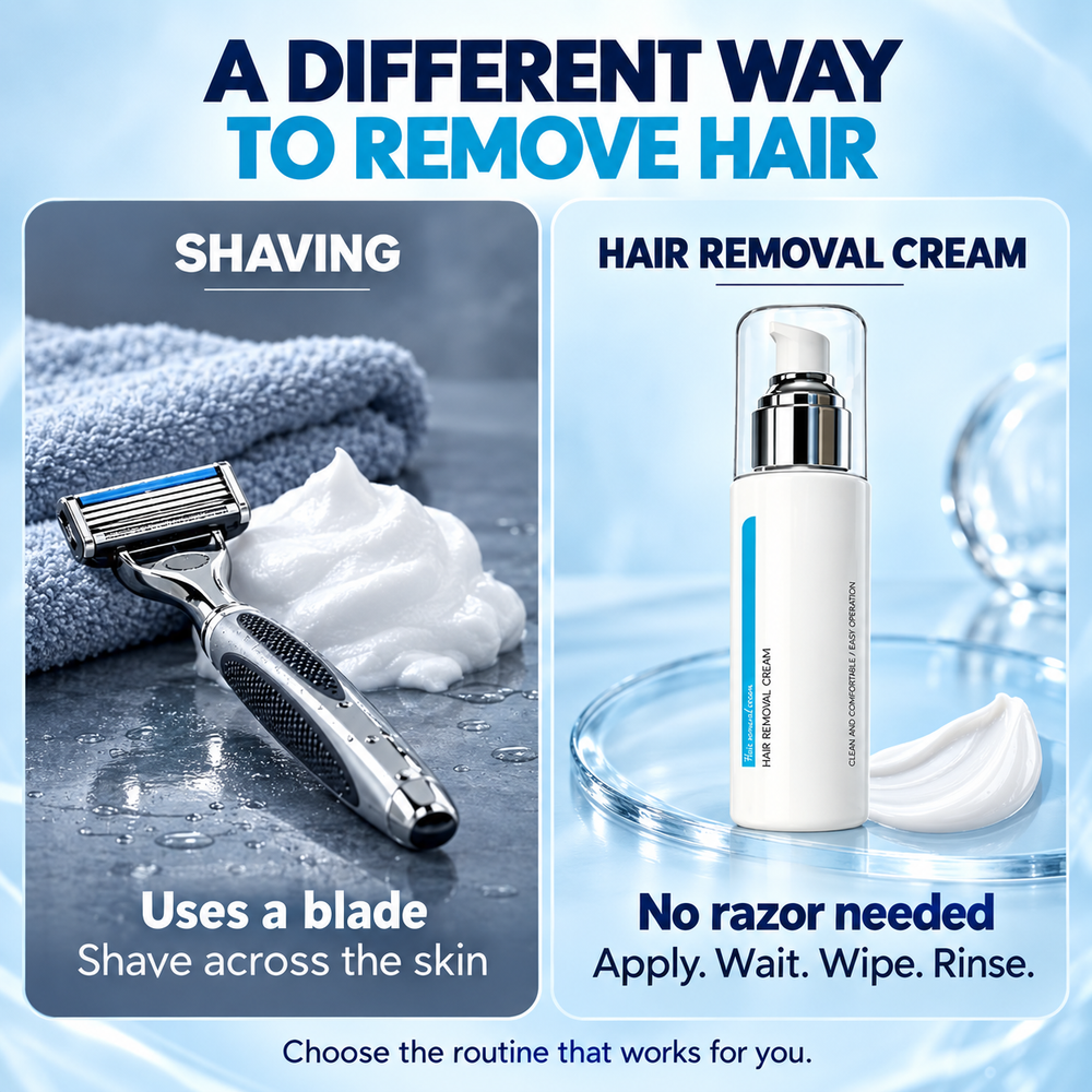 Side-by-side comparison of shaving with a blade and a cream-based hair removal routine