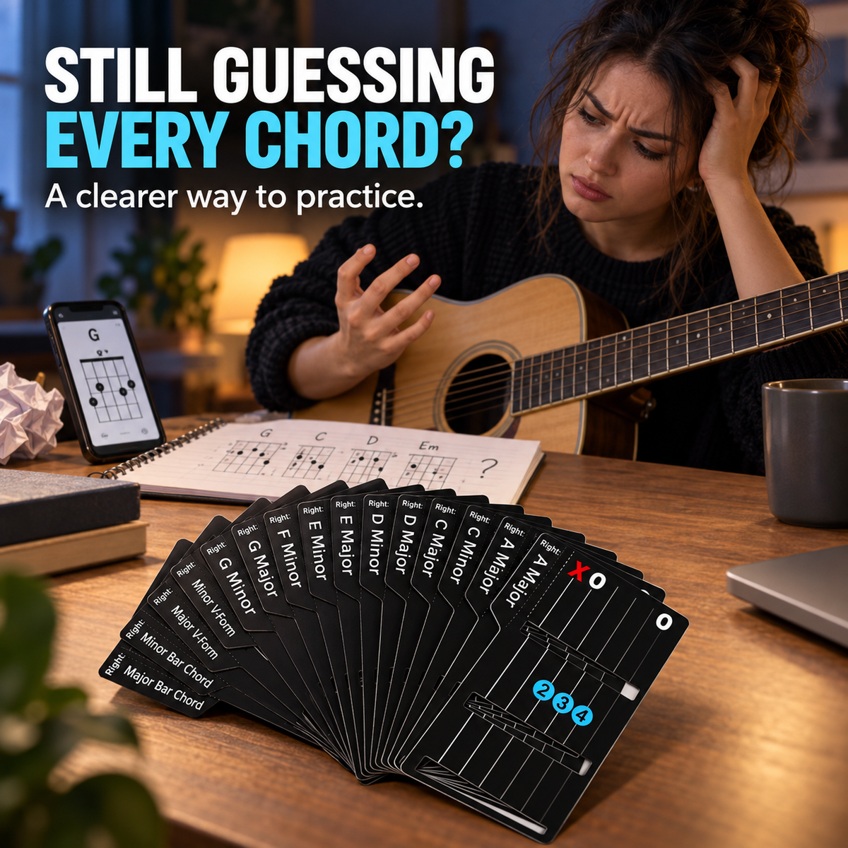 🎸 Guitar Chords Made Simple — 15 Visual Chord Cards for Beginners