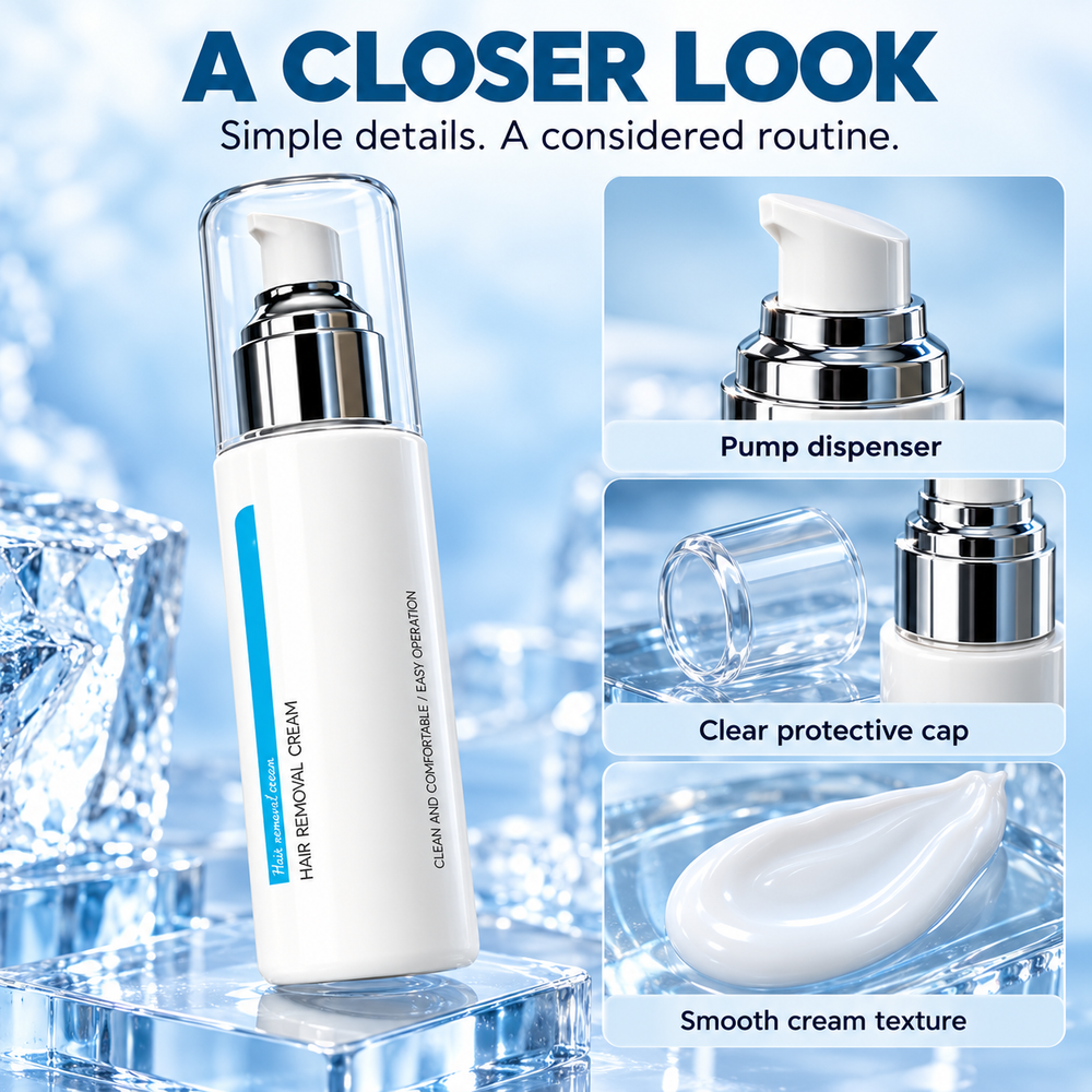 Close-up views of the pump dispenser, transparent cap and cream texture